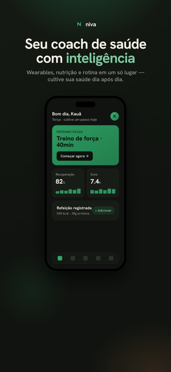 Tela inicial do NIVA com o próximo passo do dia, recuperação e sono
